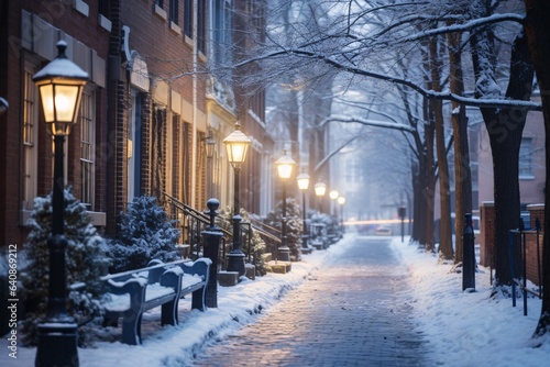 A serene early morning scene captures a city's first snowfall. Historic buildings and cobblestone streets are blanketed in a pristine layer of white, with street lights casting a warm glow over the un
