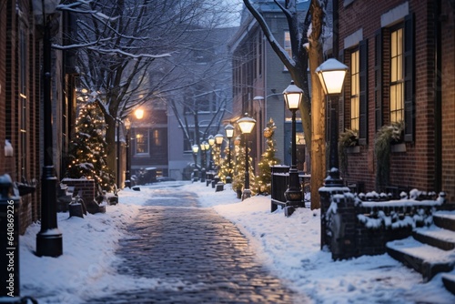 A serene early morning scene captures a city's first snowfall. Historic buildings and cobblestone streets are blanketed in a pristine layer of white, with street lights casting a warm glow over the un