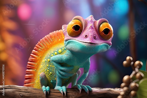 Fotótapéta Colorful cartoon lizard hidden among vibrant tropical leaves
