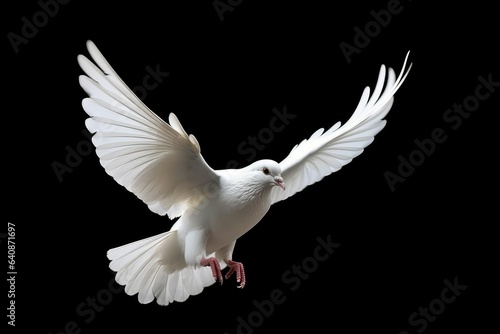 White dove flying isolated on black background