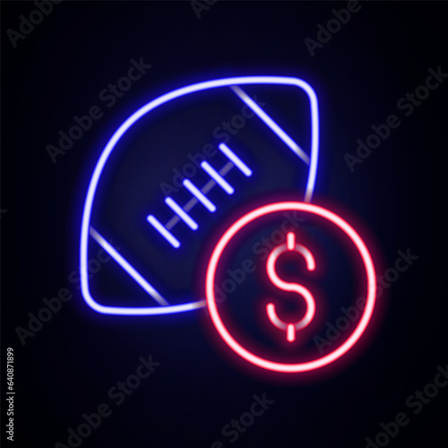 Glowing neon line American football betting money icon isolated on brick wall background. Football bet bookmaker. Soccer betting online make money. Colorful outline concept. Vector