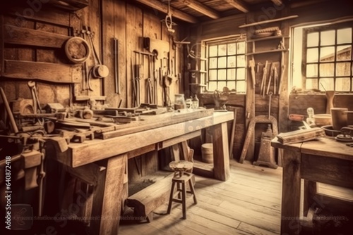 Woodworking workshop. mid-century era.