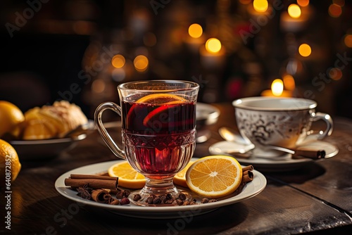 Two glass of christmas mulled wine or gluhwein with spices and orange slices on rustic table against the Christmas tree and blurry lights. Traditional drink on winter holiday