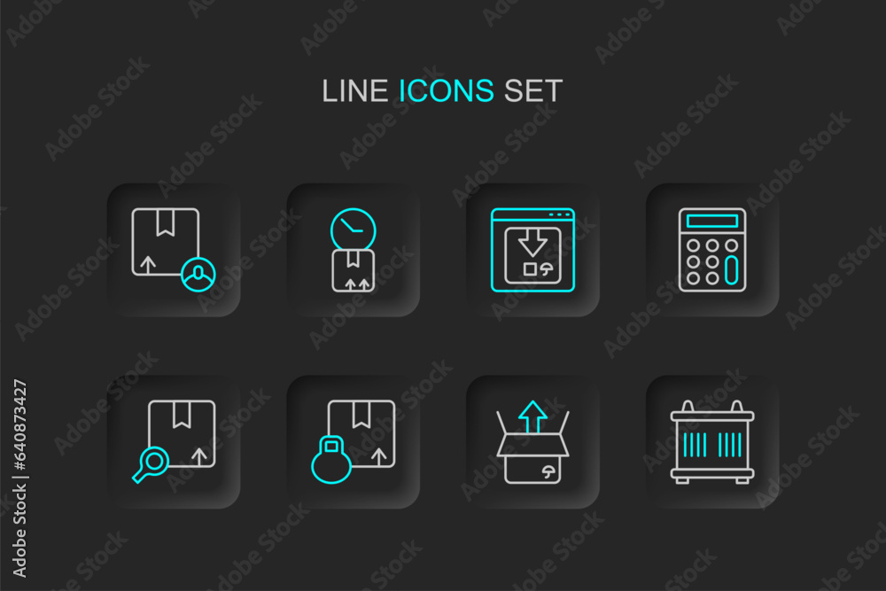 Set line Container, Unboxing, Carton cardboard, Search package, Calculator, Online app delivery tracking, Cardboard with clock and icon. Vector Set line Container, Unboxing, Carton cardboard, Search package, Calculator, Online app delivery tracking, Cardboard with clock and icon. Vector
