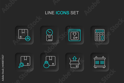Set line Container, Unboxing, Carton cardboard, Search package, Calculator, Online app delivery tracking, Cardboard with clock and icon. Vector