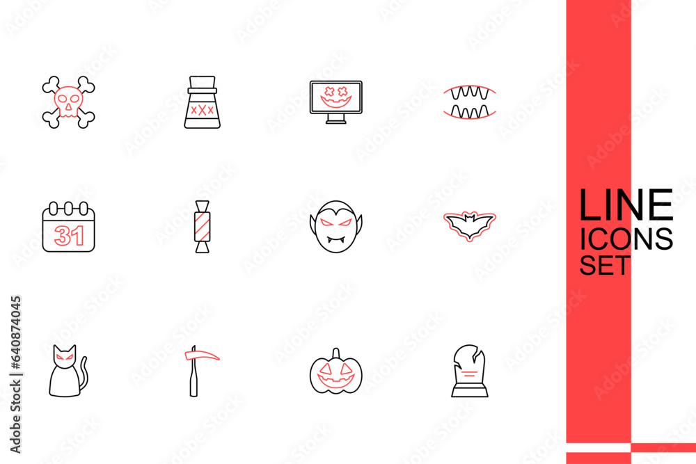 Set line Tombstone with RIP written, Pumpkin, Scythe, Black cat, Flying bat, Vampire, Candy and Halloween date 31 october icon. Vector