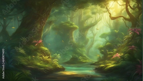 Deep in the fantasy tropical forest. Fantasy Backdrop Concept Art Realistic Illustration Video Game © mit