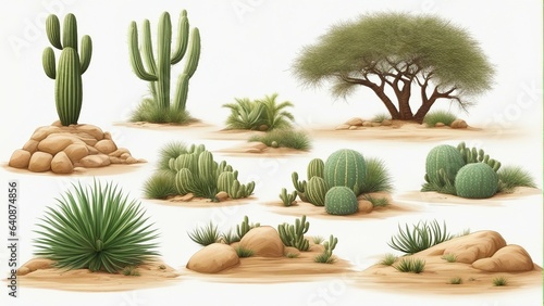 Tumbleweed, cacti and sand desert rocks in Africa. Vector cartoon stone set, rolling dry bush