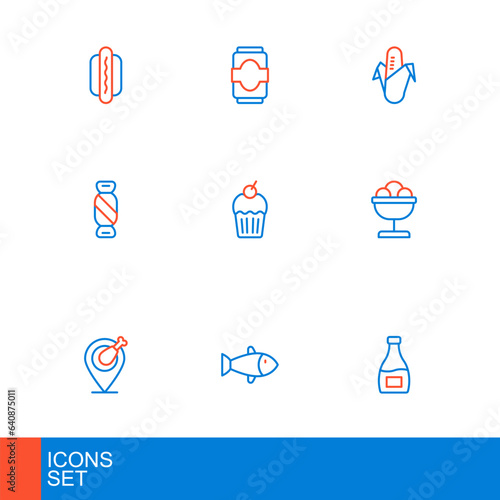 Set line Sauce bottle, Fish, Chicken leg, Ice cream in the bowl, Candy, Muffin, Corn and Soda can icon. Vector