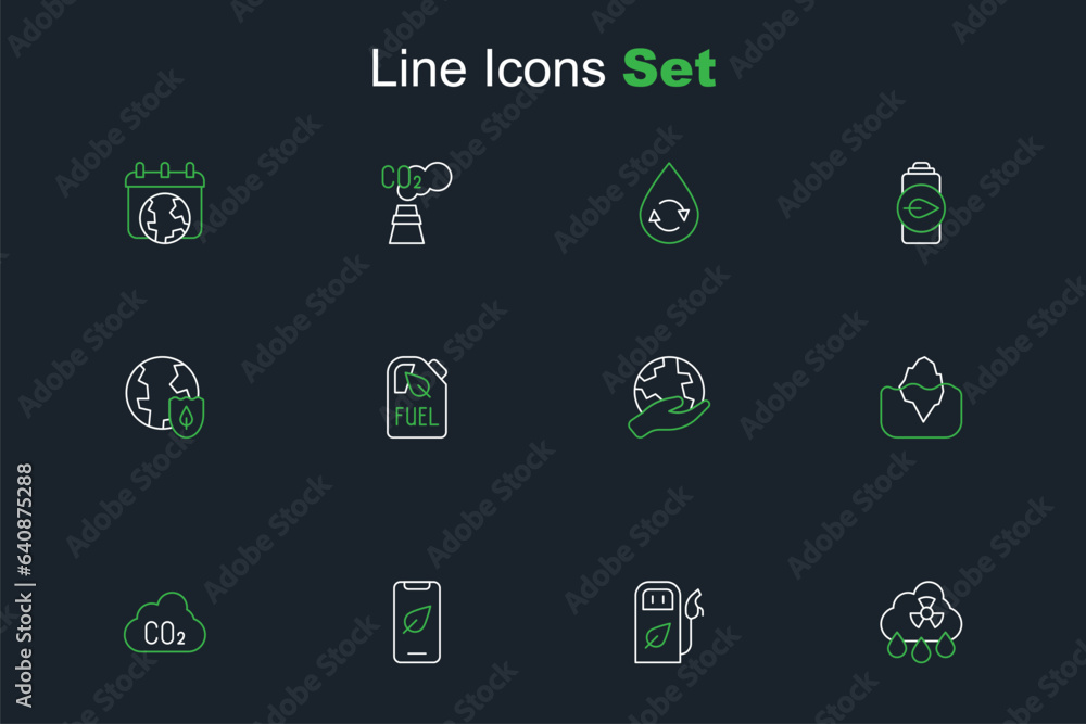 Set line Acid rain radioactive cloud, Petrol or gas station, Mobile phone with leaf, CO2 emissions, Iceberg, Hand holding Earth globe, Bio fuel canister and shield icon. Vector Set line Acid rain radioactive cloud, Petrol or gas station, Mobile phone with leaf, CO2 emissions, Iceberg, Hand holding Earth globe, Bio fuel canister and shield icon. Vector