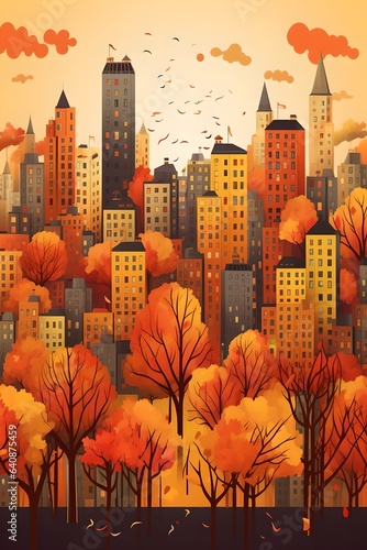 Autumn city, generative ai illustration of fall nature in urban environment.