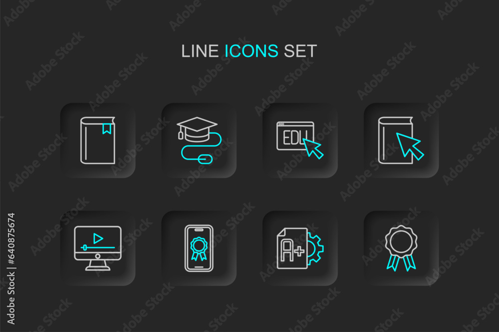 Set line Online education with diploma, Exam sheet A plus grade, play video, book, Graduation cap mouse and Book icon. Vector