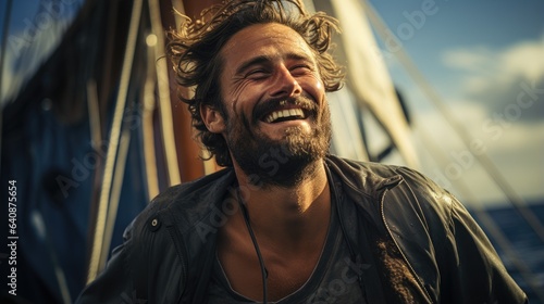 A sailor is hoisting sails on a windy day.
