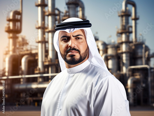 An Arab entrepreneur's success in the oil industry is evident as they stand beside an oil pump with a panoramic view of an expansive refinery in the background.