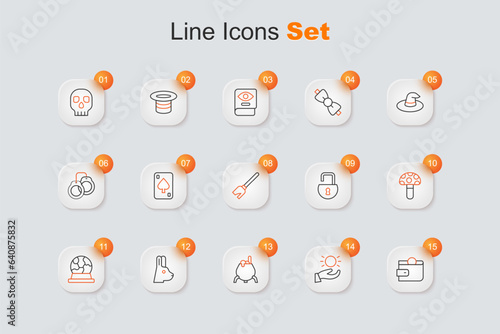 Set line Wallet, Ball levitating above hand, Witch cauldron, Rabbit with ears, Magic ball, Psilocybin mushroom, Open padlock and Witches broom icon. Vector