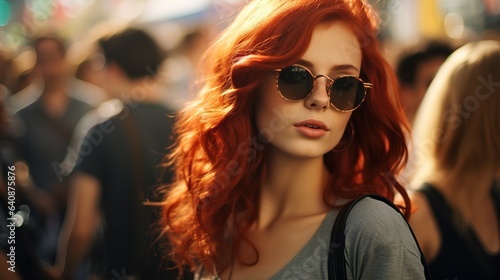 girl in dark glasses and red hair at the festival. rock or heavy metal fan