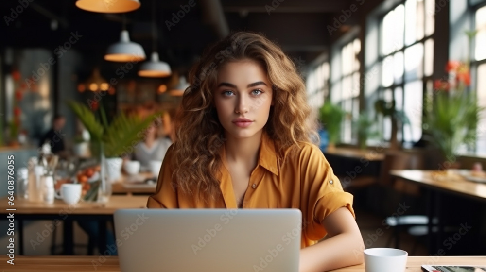 woman working on laptop in cafe woman working on laptop in cafe