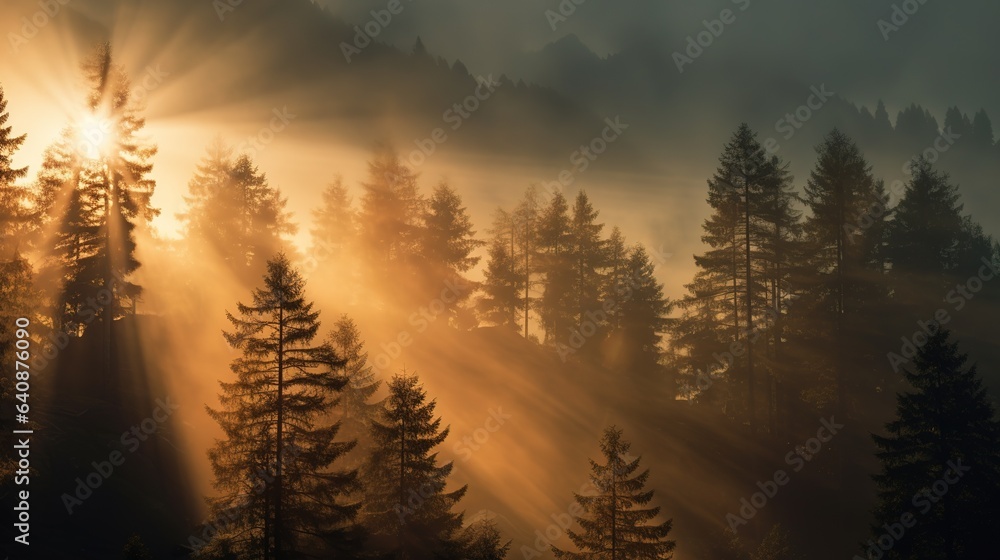 the sun's rays break through the misty pine forest. calm autumn natural background.