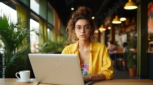 woman working on laptop in cafe