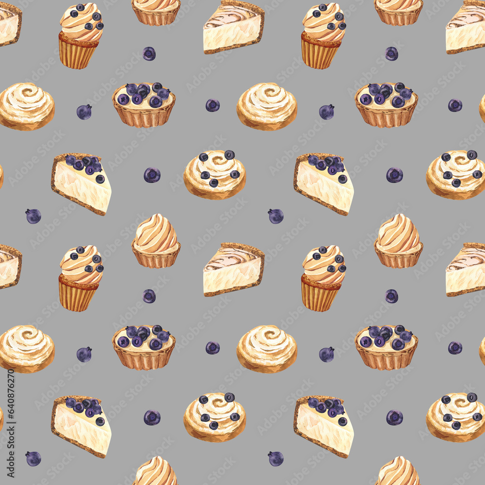 Watercolor seamless pattern dessert muffin, cupcake, tart, bun, cheesecake with blueberry. Hand-drawn illustration on grey background. Perfect food menu, design packing, bakery shop, cooking