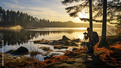 A photographer shoots landscapes with a tripod.