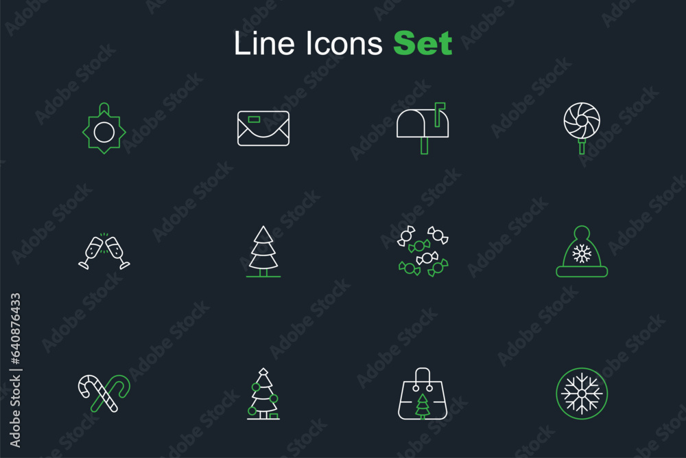 Set line Snowflake, Christmas shopping bag, tree, Candy cane with stripes, Santa Claus hat, and Glass of champagne icon. Vector Set line Snowflake, Christmas shopping bag, tree, Candy cane with stripes, Santa Claus hat, and Glass of champagne icon. Vector