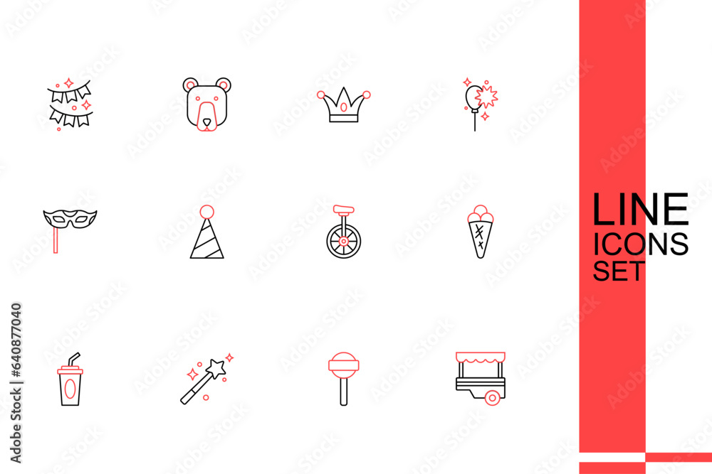 Set line Fast street food cart, Lollipop, Magic wand, Paper glass with water, Ice cream in waffle, Unicycle, Party hat and Festive mask icon. Vector