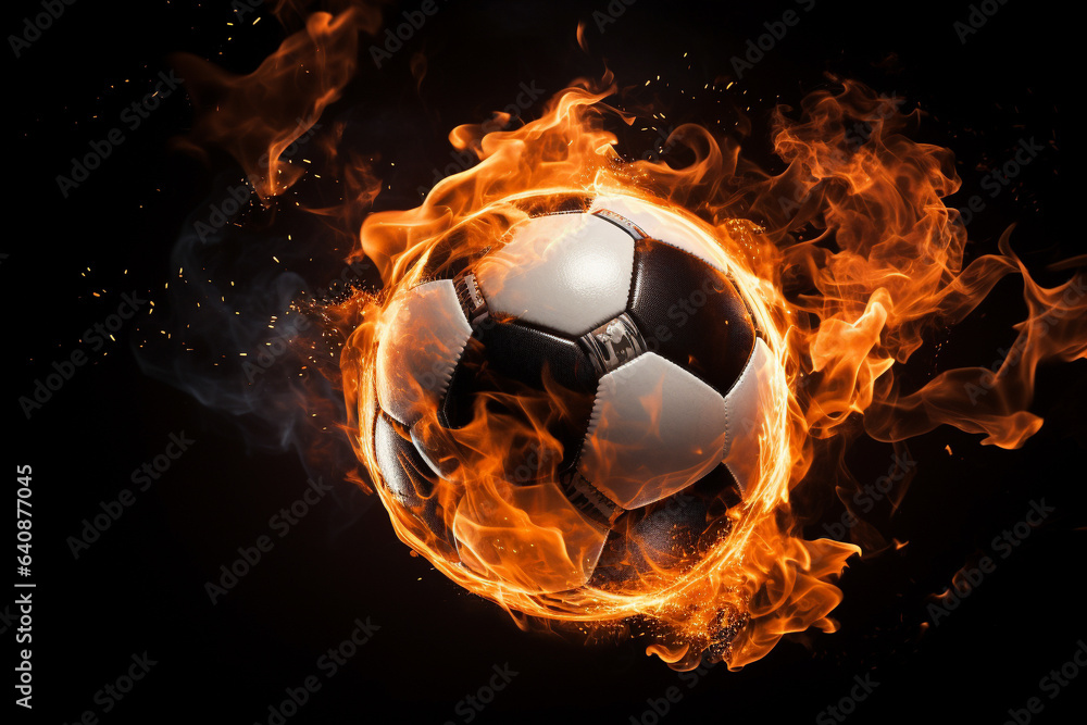Fototapeta premium An intense and dramatic image capturing a sport ball engulfed in flames against a stark black background, radiating energy and passion.