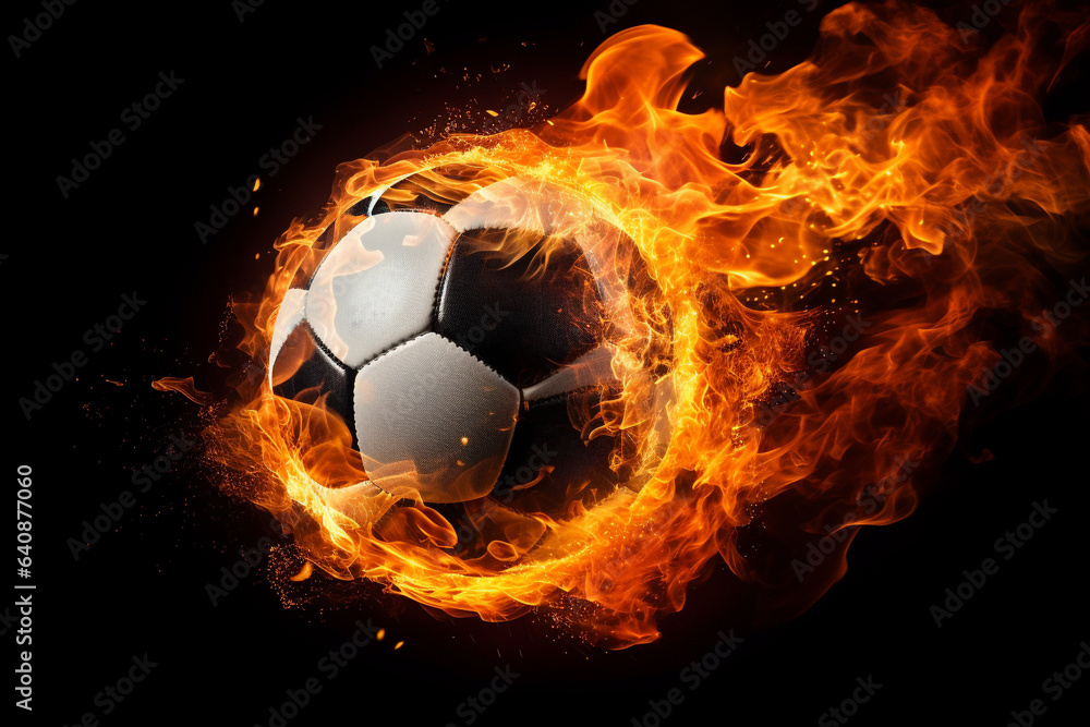 Fototapeta premium This striking image features a sport ball blazing with fire against a deep black backdrop, symbolizing the intensity and fervor of sports.