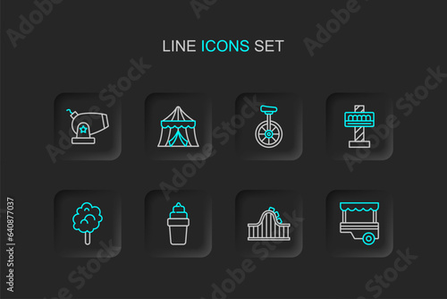Set line Fast street food cart, Roller coaster, Ice cream in waffle, Cotton candy, Attraction carousel, Unicycle, Circus tent and Cannon icon. Vector