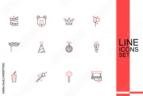 Set line Fast street food cart  Lollipop  Magic wand  Paper glass with water  Ice cream in waffle  Unicycle  Party hat and Festive mask icon. Vector