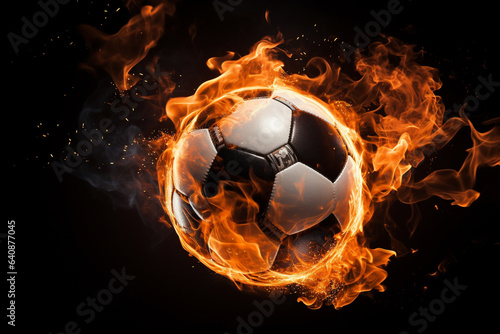 An intense and dramatic image capturing a sport ball engulfed in flames against a stark black background, radiating energy and passion. © B & G Media