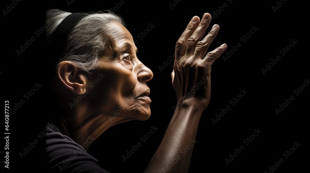 Moment of deaf person communicating using sign language on black background.