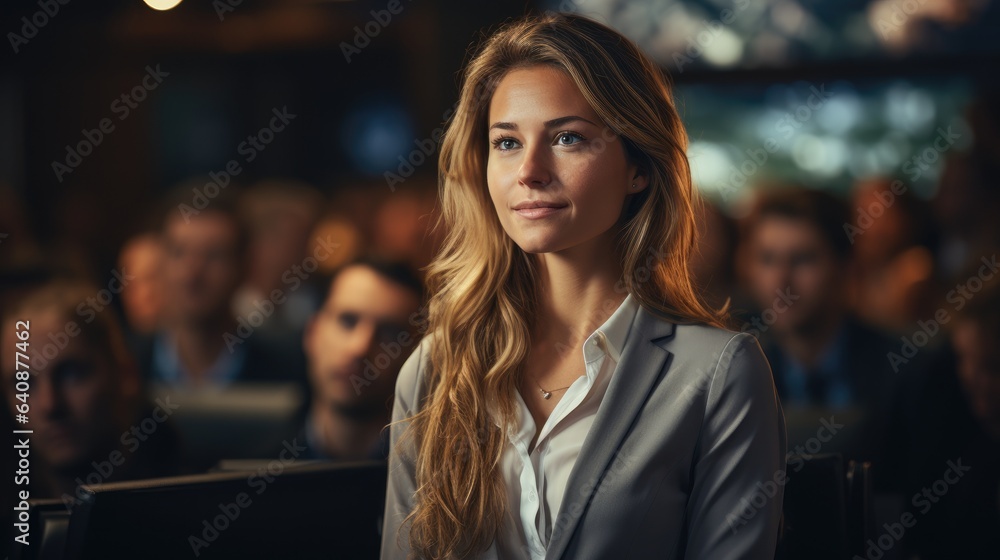 Confident female executive carefully focused on audience on presentation slide.