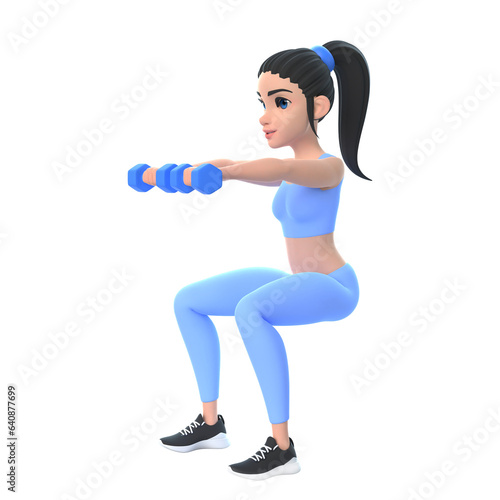 Cartoon character woman in sportswear doing exercises with dumbbells isolated on white background. 3D render illustration