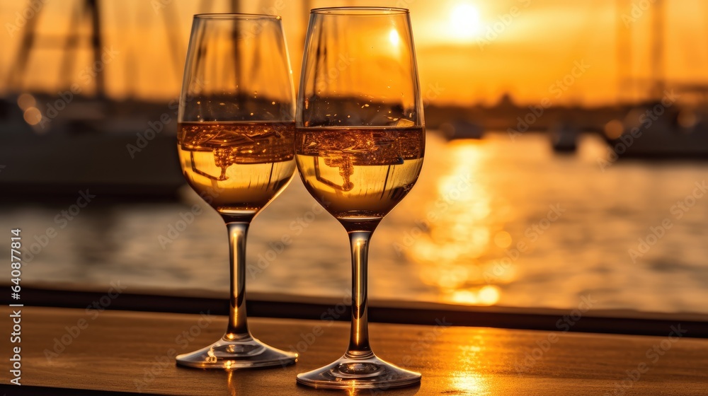 Champagne glasses on a table on a yacht in the setting sun.