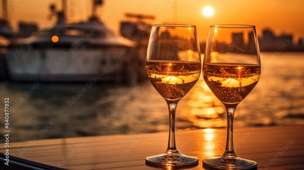 Champagne glasses on a table on a yacht in the setting sun. Champagne glasses on a table on a yacht in the setting sun.
