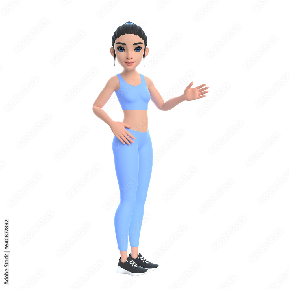 Cartoon character woman in sportswear hows you the way, pointing her hand isolated on white background. 3D render illustration Cartoon character woman in sportswear hows you the way, pointing her hand isolated on white background. 3D render illustration