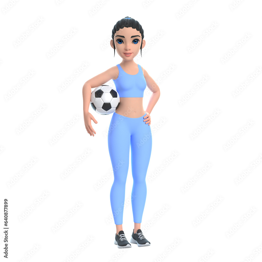 Cartoon character woman in sportswear holding soccer ball isolated on white background. 3D render illustration
