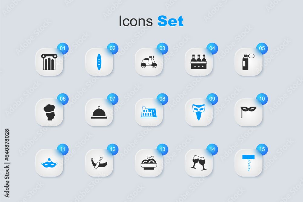 Set Wine glass, Covered with tray of food, French baguette bread, Carnival mask, corkscrew, Ancient column and Coliseum icon. Vector Set Wine glass, Covered with tray of food, French baguette bread, Carnival mask, corkscrew, Ancient column and Coliseum icon. Vector