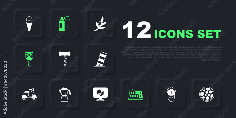 Set Pope, Pizza, Wine corkscrew, Coliseum, Carnival mask, Coffee maker moca pot, Perfume and Flag Italy icon. Vector Set Pope, Pizza, Wine corkscrew, Coliseum, Carnival mask, Coffee maker moca pot, Perfume and Flag Italy icon. Vector