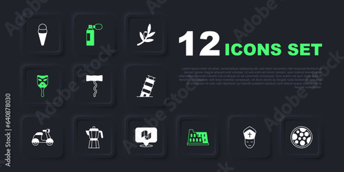 Set Pope, Pizza, Wine corkscrew, Coliseum, Carnival mask, Coffee maker moca pot, Perfume and Flag Italy icon. Vector