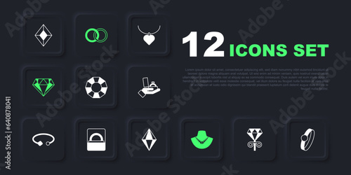 Set Stud earrings, Diamond engagement, Necklace mannequin, box, Wedding and Gem stone icon. Vector