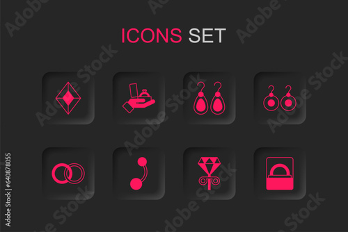 Set Piercing, Diamond engagement ring box, Gem stone, Stud earrings, Earrings, and Wedding icon. Vector
