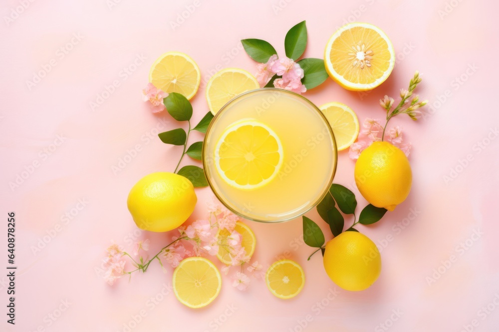 Flat lay, top view composition made from lemons lemon juice and green leaves on pastel pink background. Flat lay, top view composition made from lemons lemon juice and green leaves on pastel pink background.