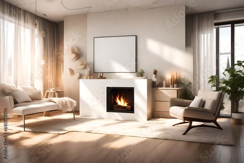 A cozy living room bathed in warm sunlight  featuring a white empty canvas frame placed above a tasteful fireplace. 