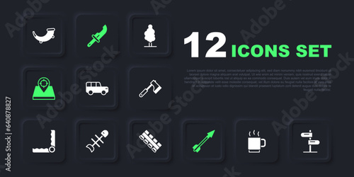 Set Coffee cup, Road traffic sign, Safari car, Medieval arrow, Hunt place, Dead fish, Hunter knife and Hunting cartridge belt icon. Vector