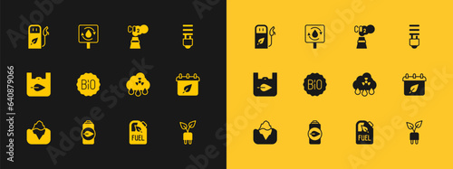 Set LED light bulb, Eco nature leaf battery, Acid rain radioactive cloud, Bio fuel canister, Banner for bio, CO2 emissions, Petrol gas station and Recycle clean aqua icon. Vector