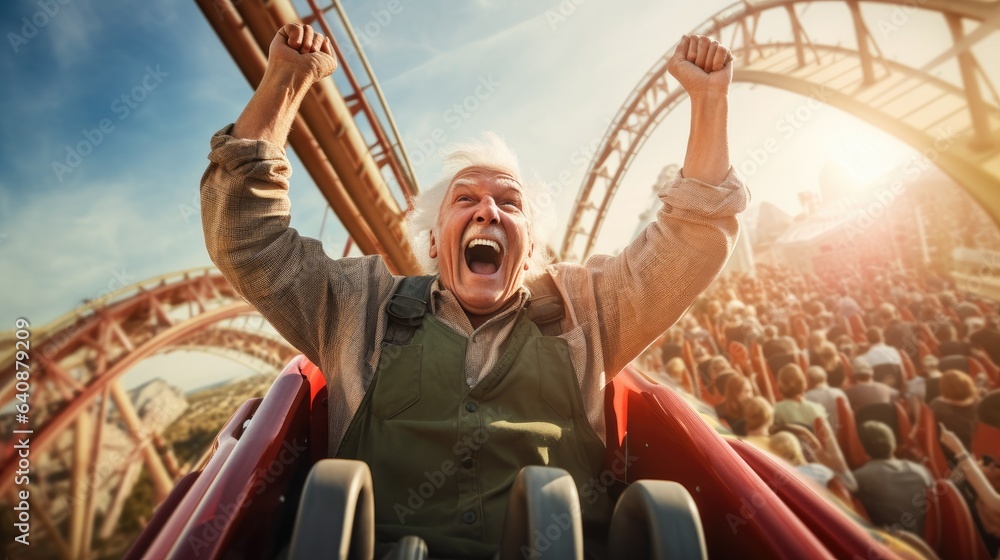 Elderly man rides a roller coaster. Happy and joyful. Generative AI