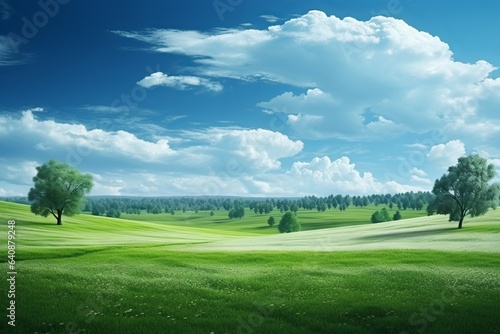 serene landscape with lush trees and blue skies, Generative AI